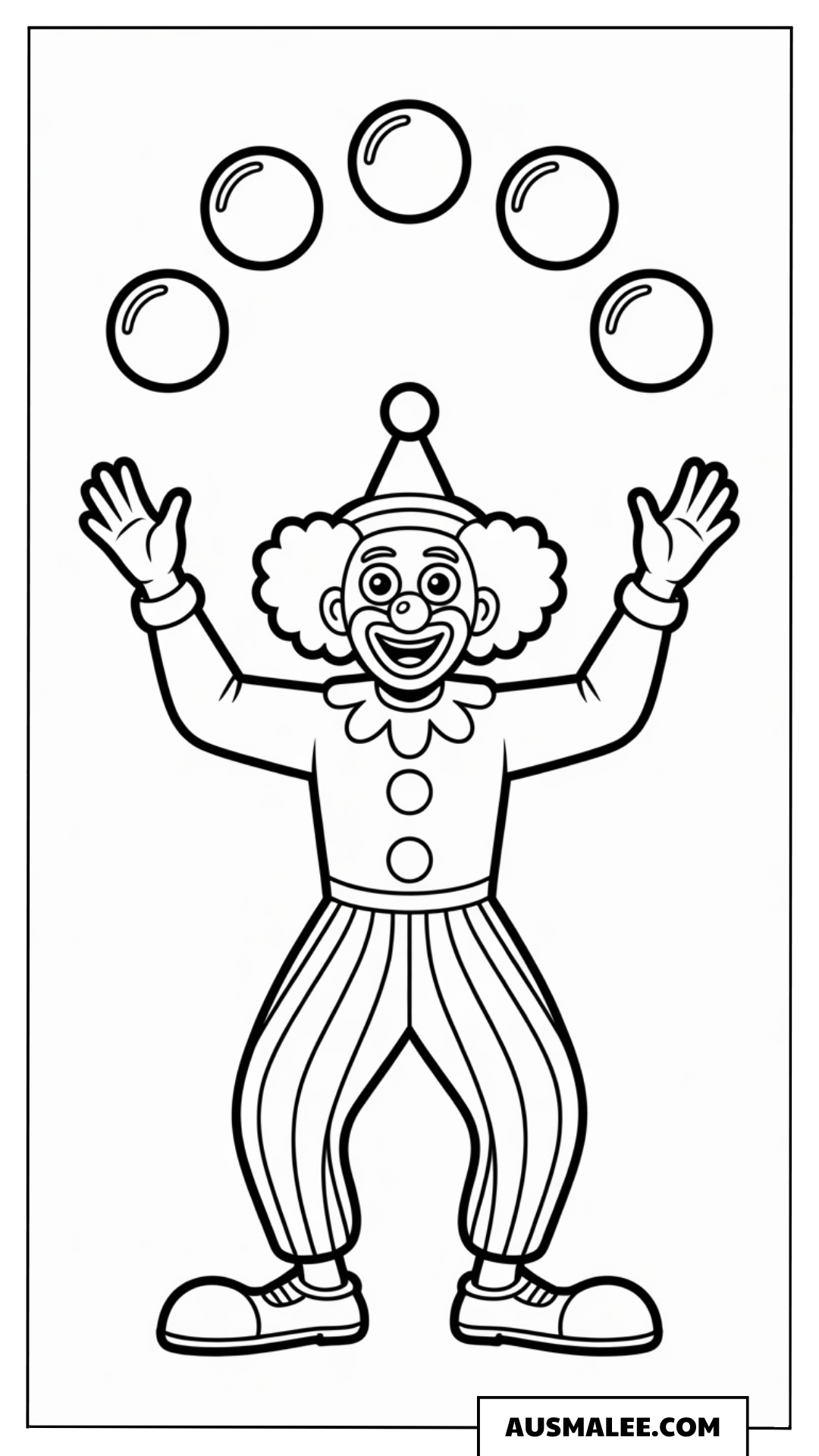 Ausmalbild eines stehenden Clowns im gestreiften Kostüm.