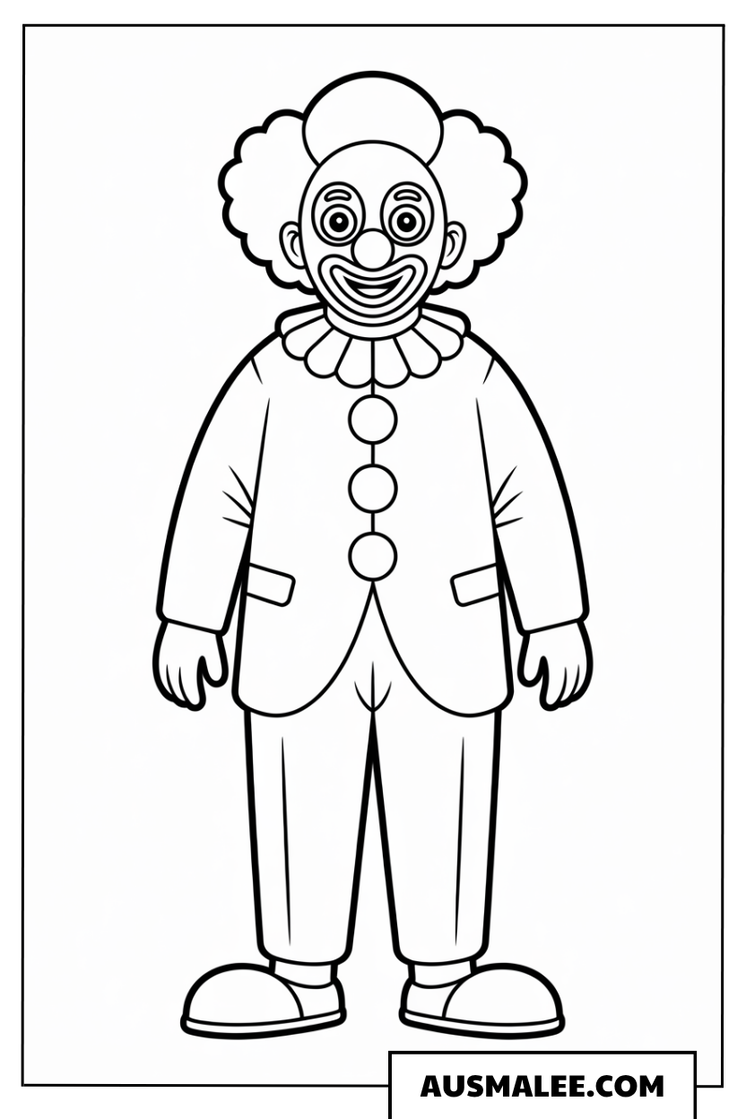Ausmalbild eines stehenden Clowns mit großen Knöpfen.