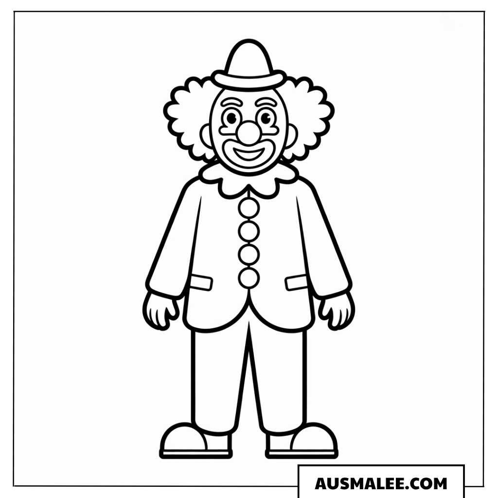 Ausmalbild eines stehenden Clowns mit vier großen Knöpfen