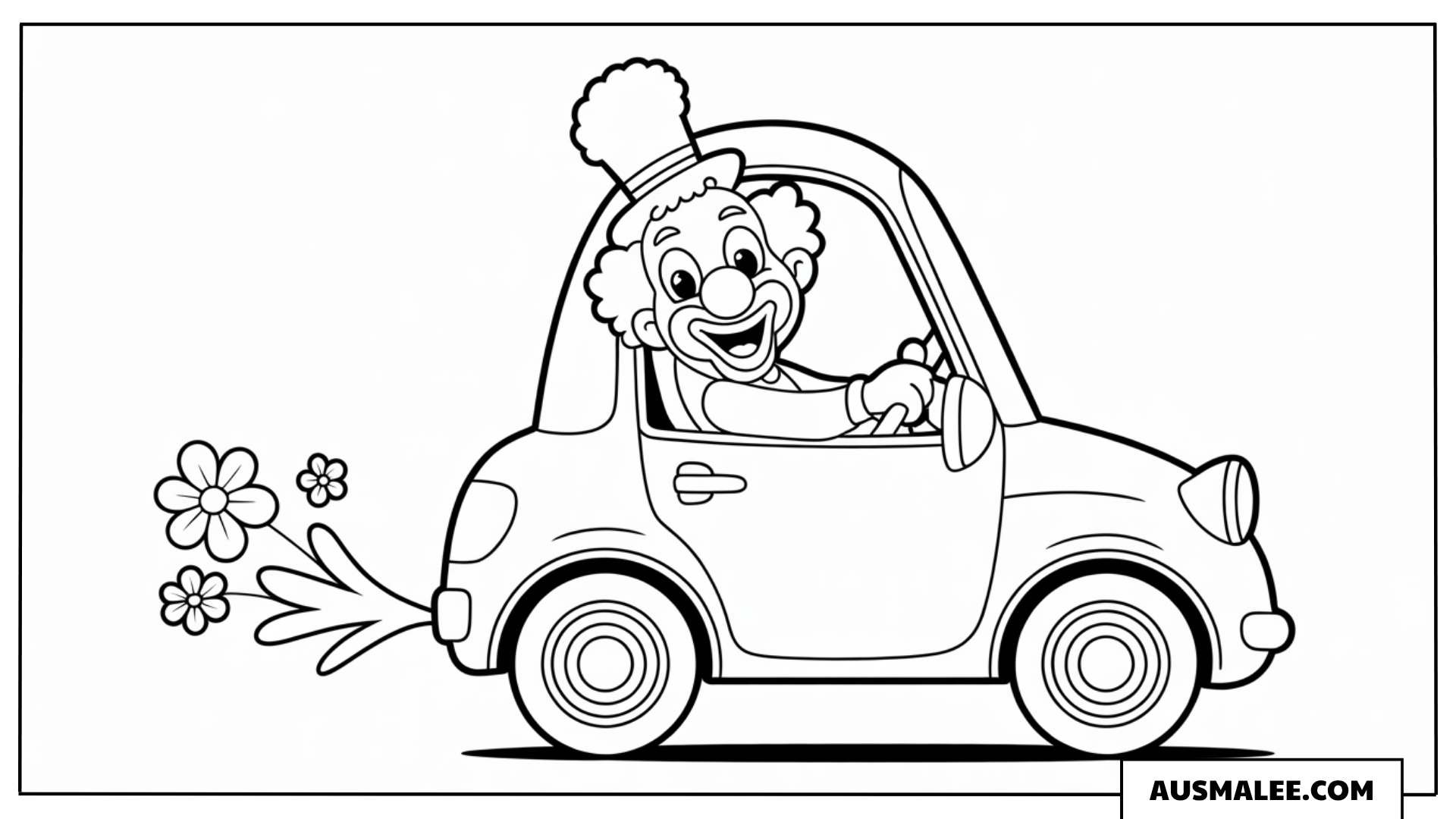 Ausmalbild eines süßen Clowns, der ein kleines Auto fährt.