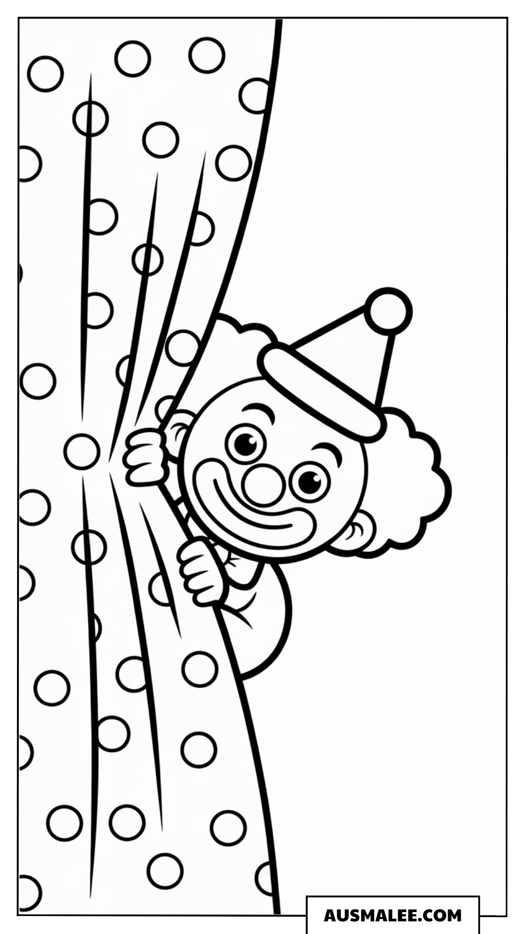 Ausmalbild eines süßen Clowns, der hinter einem Bühnenvorhang hervorschaut.