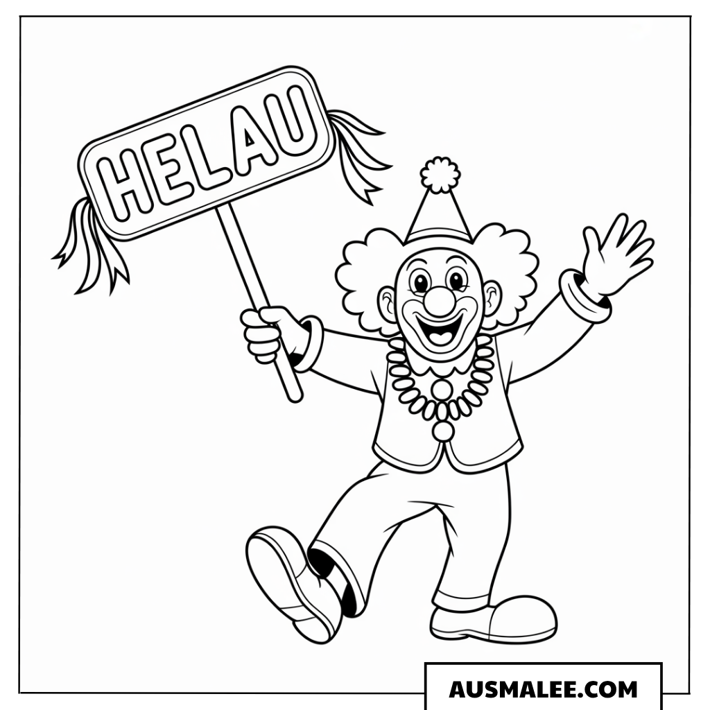 Ausmalbild eines tanzenden Clowns mit HELAU-Schild.