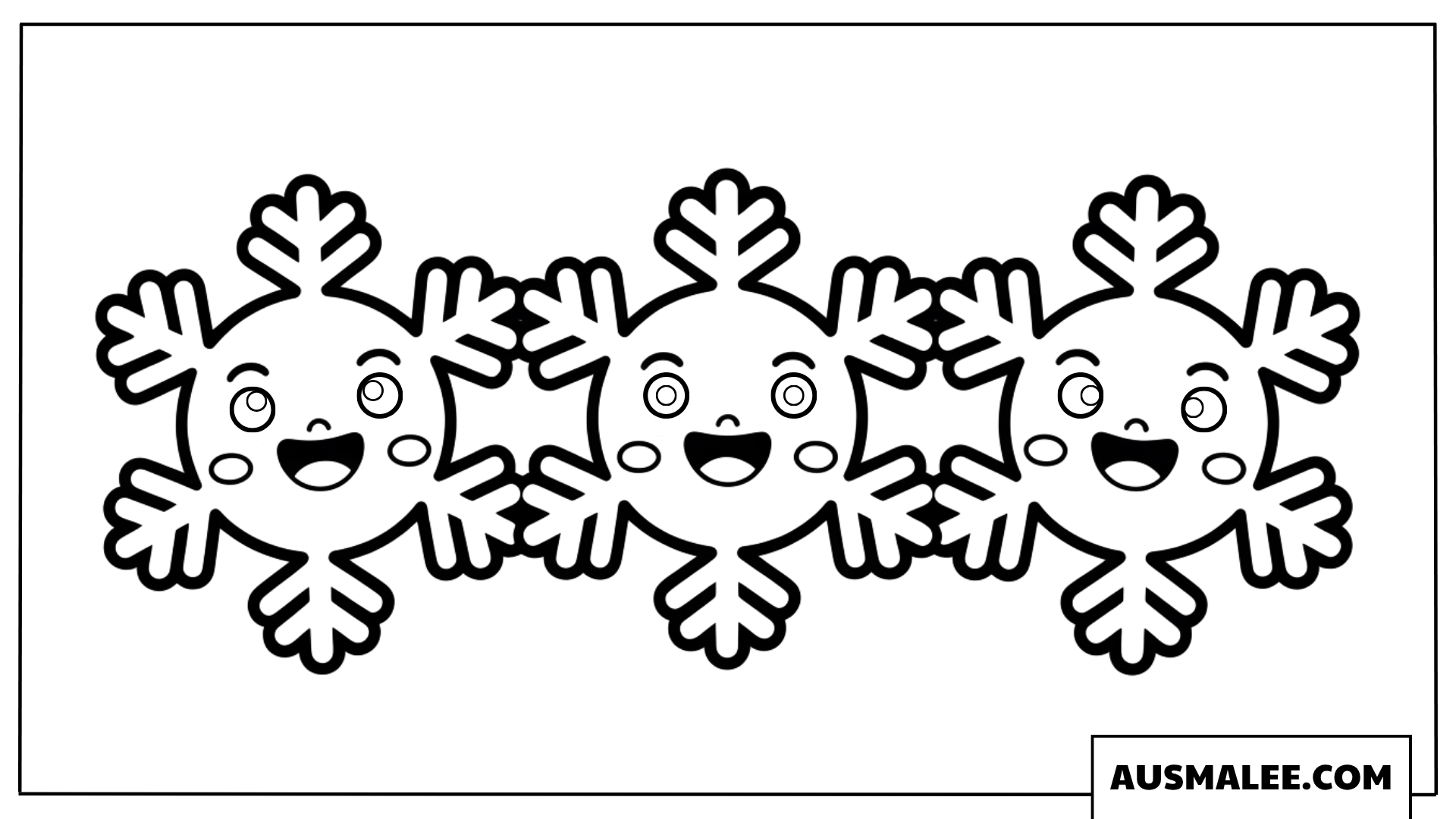 Ausmalbild mit drei fröhlichen Kawaii-Schneeflocken