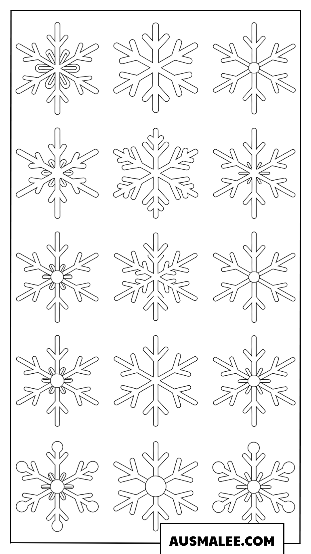 Ausmalbild mit verschiedenen Schneeflocken