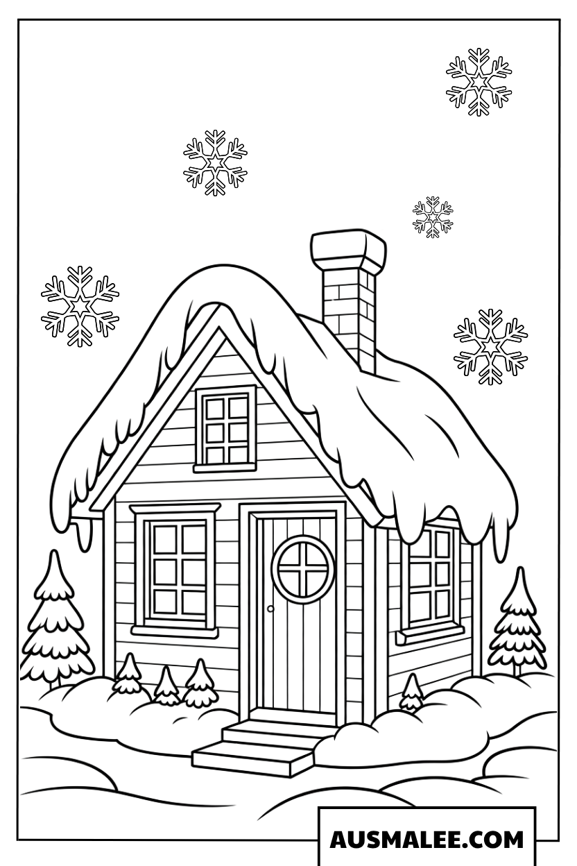 Ausmalbild mit verschneitem Haus