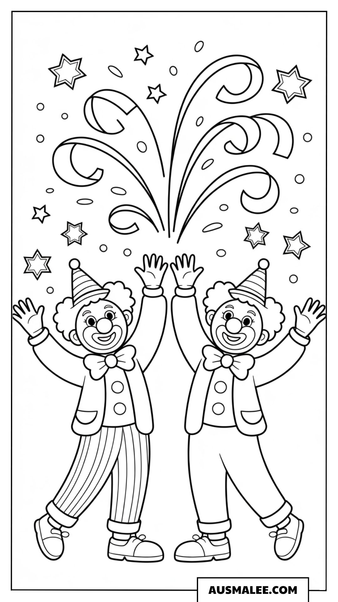 Ausmalbild von zwei fröhlichen Clowns unter Feuerwerk und Konfetti.