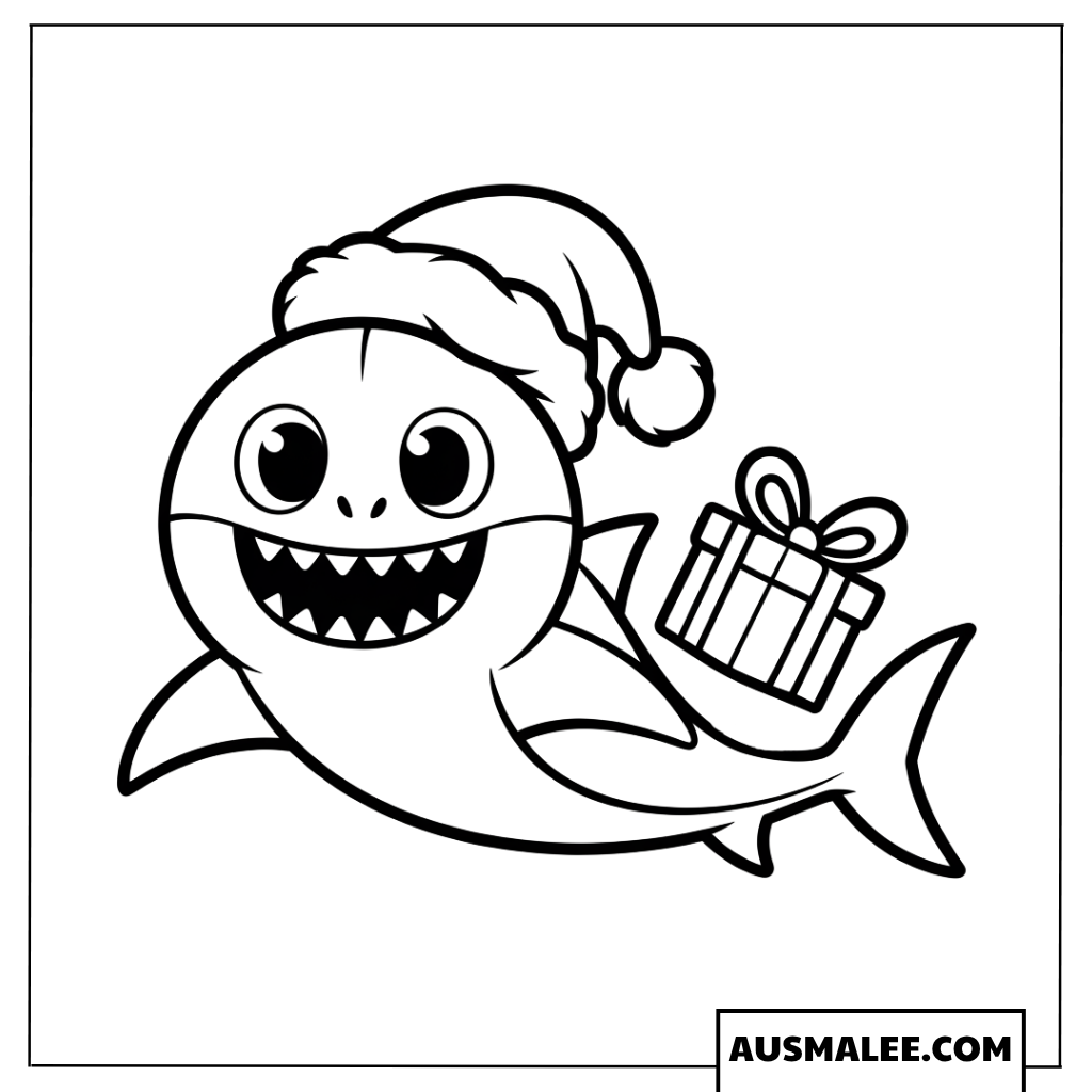 Ausmalbilder Baby Hai mit Weihnachtsgeschenk