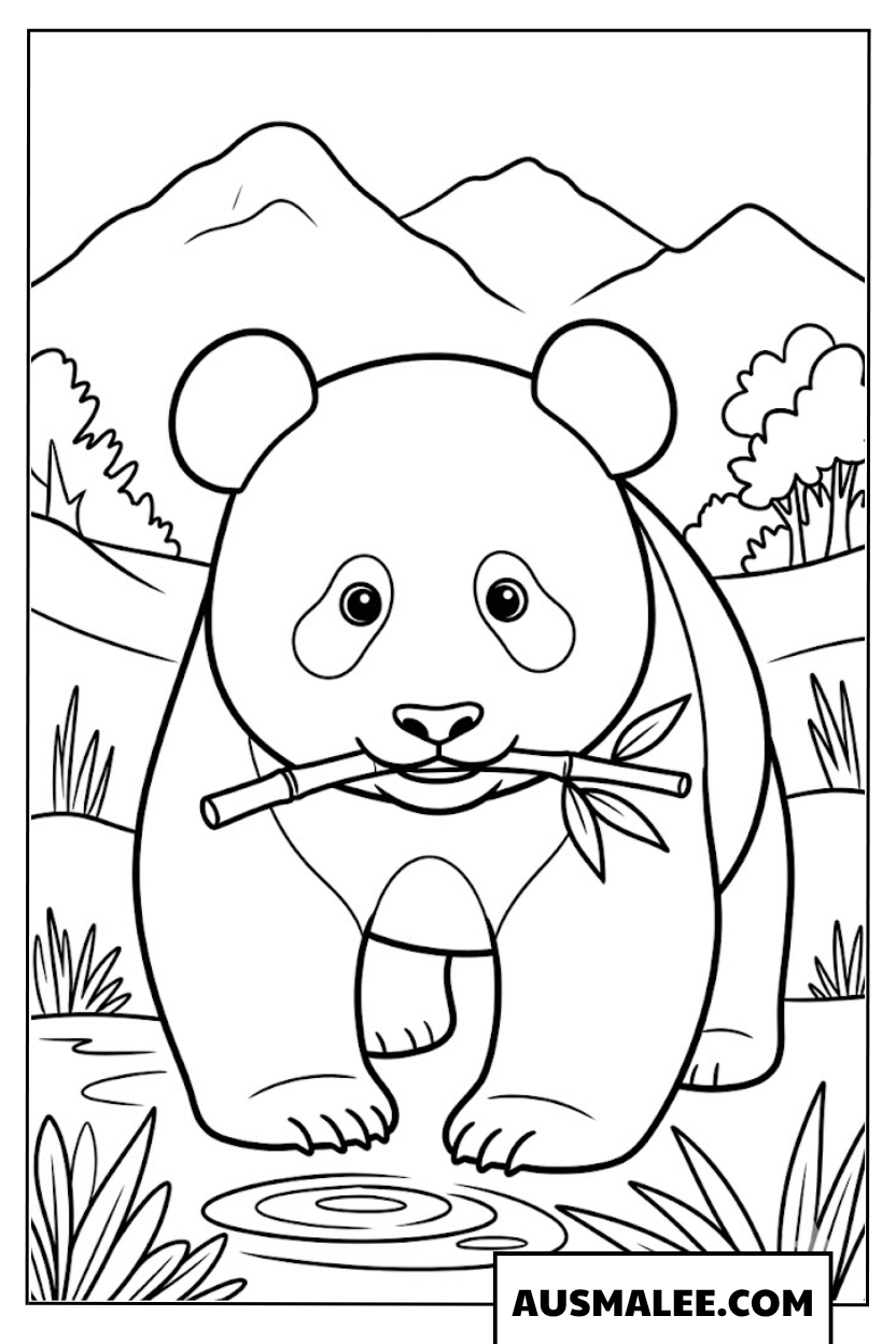 Ausmalbilder Panda-Baby mit Bambus