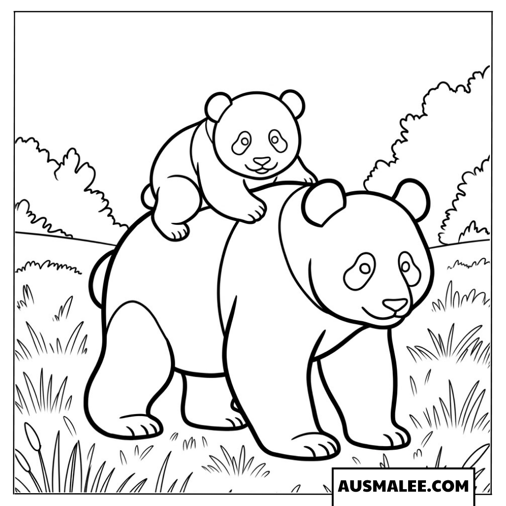 Ausmalbilder Panda-Baby reitet auf Mama