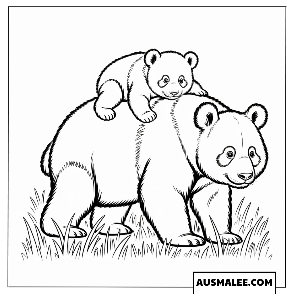 Ausmalbilder Panda-Baby reitet auf Mama