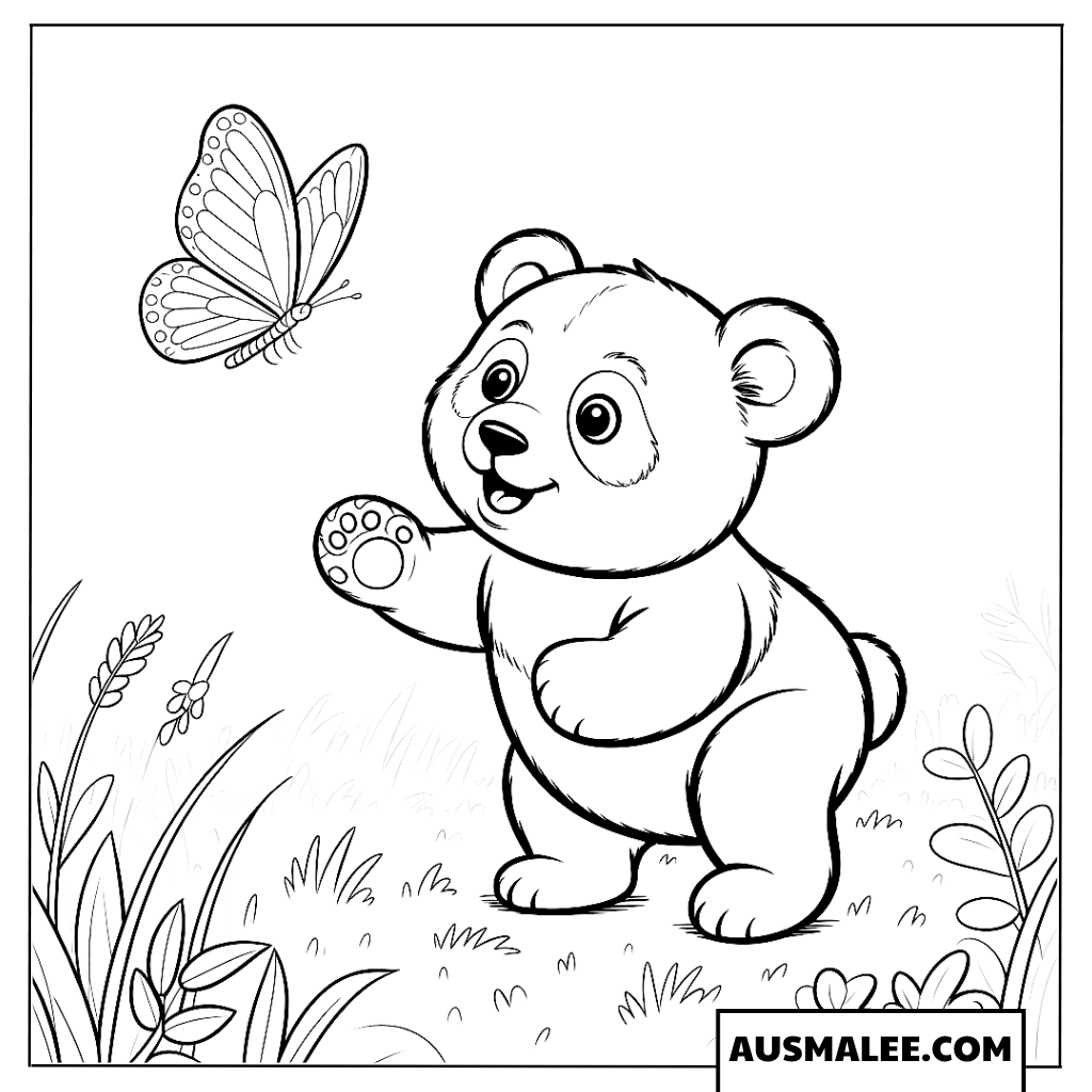 Ausmalbilder Panda-Baby und Schmetterling