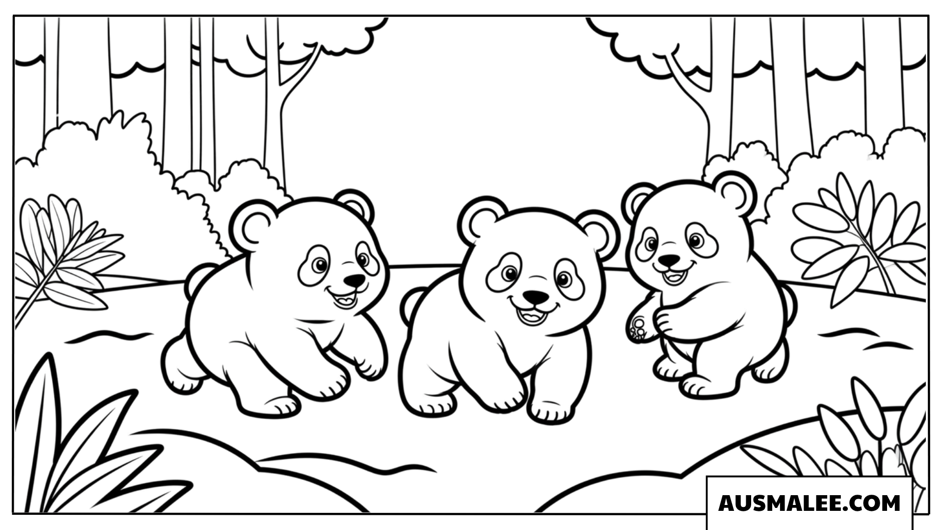 Ausmalbilder Panda-Babys spielen im Wald