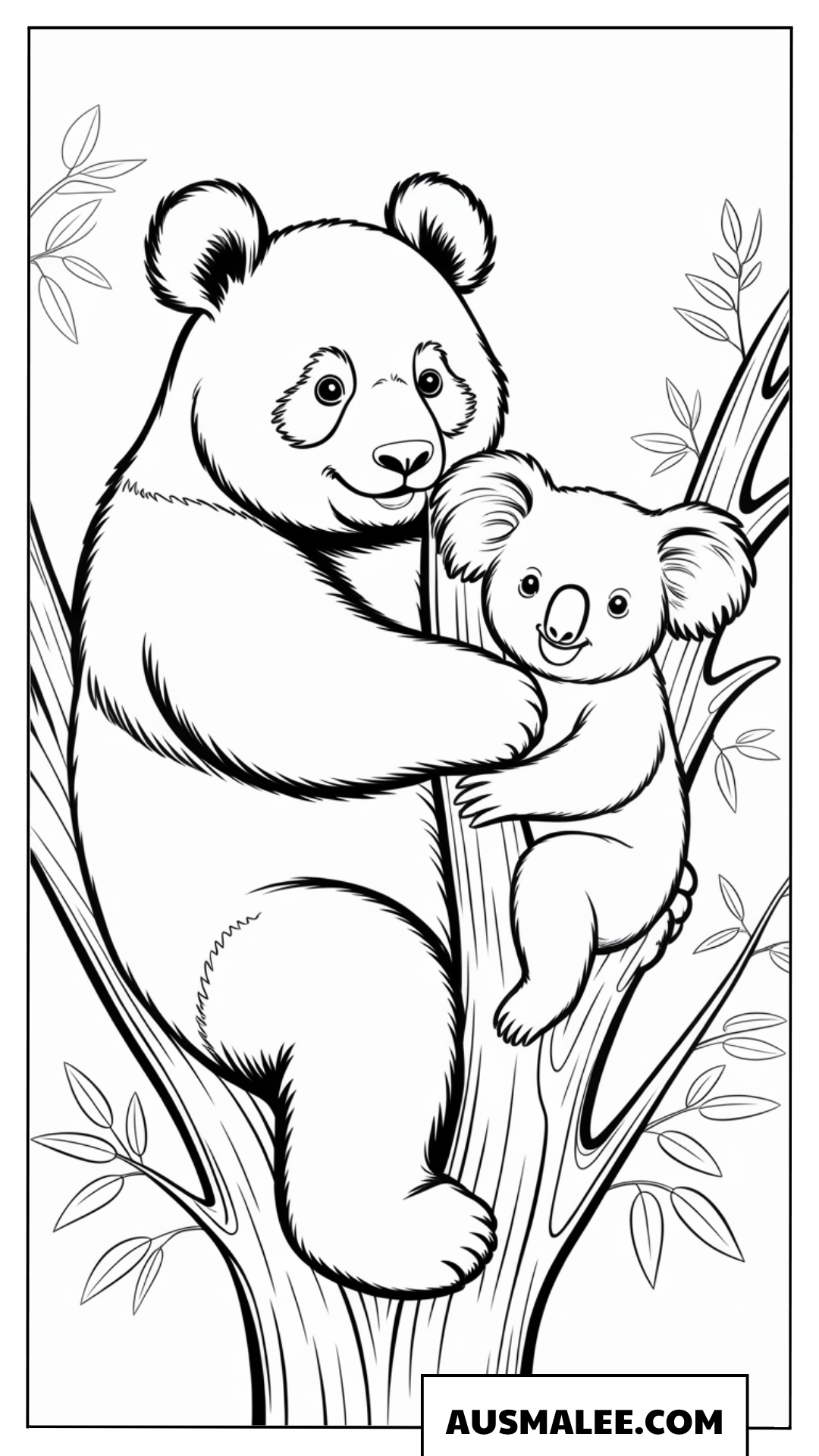 Ausmalbilder Panda-Mama mit Baby auf Baum