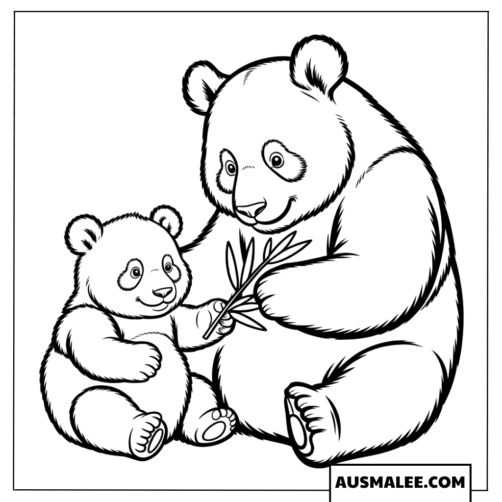 Ausmalbilder Panda-Mama und Baby mit Bambus