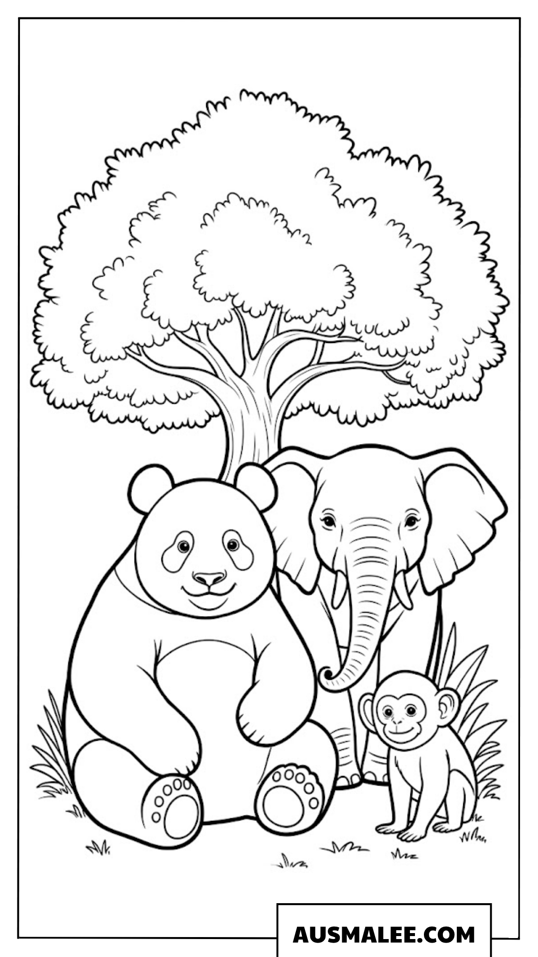 Ausmalbilder Panda mit Elefant und Tieren