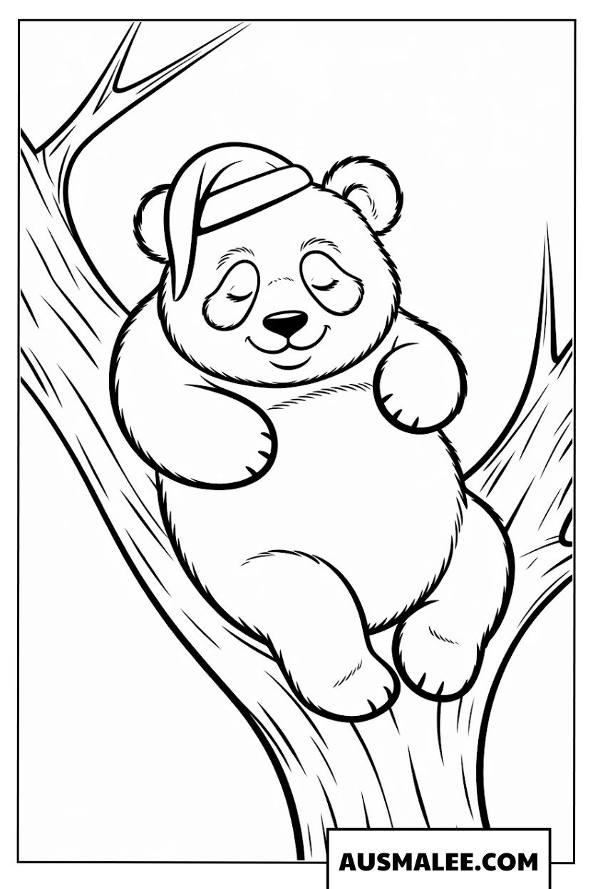 Ausmalbilder Panda mit Schlafmütze auf Baum