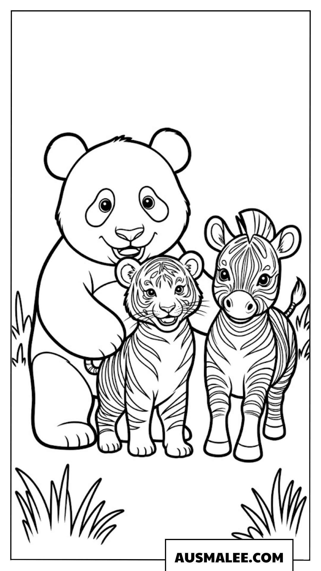 Ausmalbilder Panda mit Tiger und Zebra