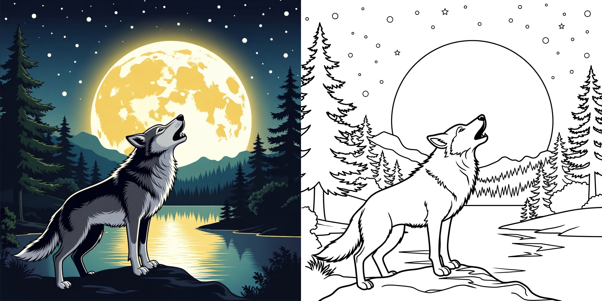 ft - Ausmalbilder Wolf und Mond ft