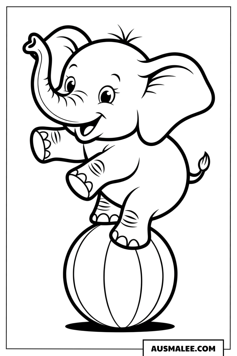 Baby Elefant balanciert auf dem Ball ausmalbild
