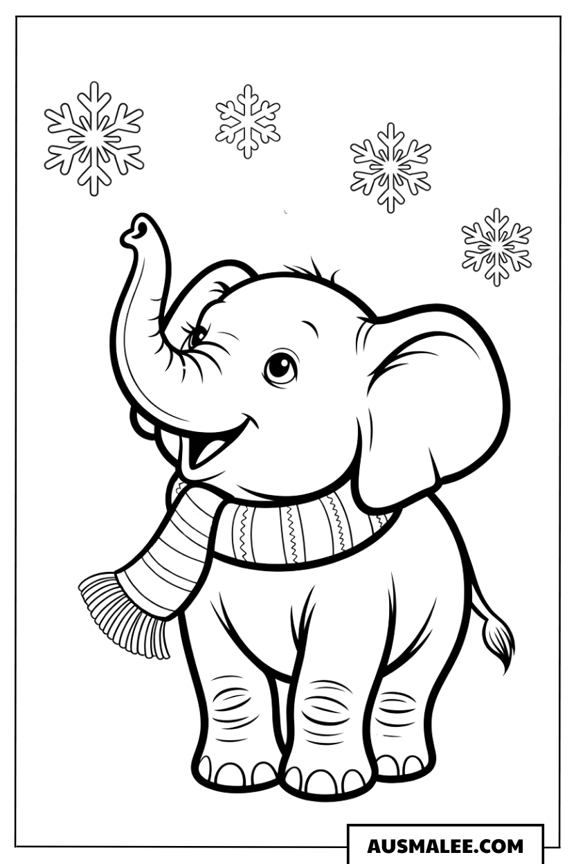 Baby Elefant mit Schal und Schneeflocken ausmalbild