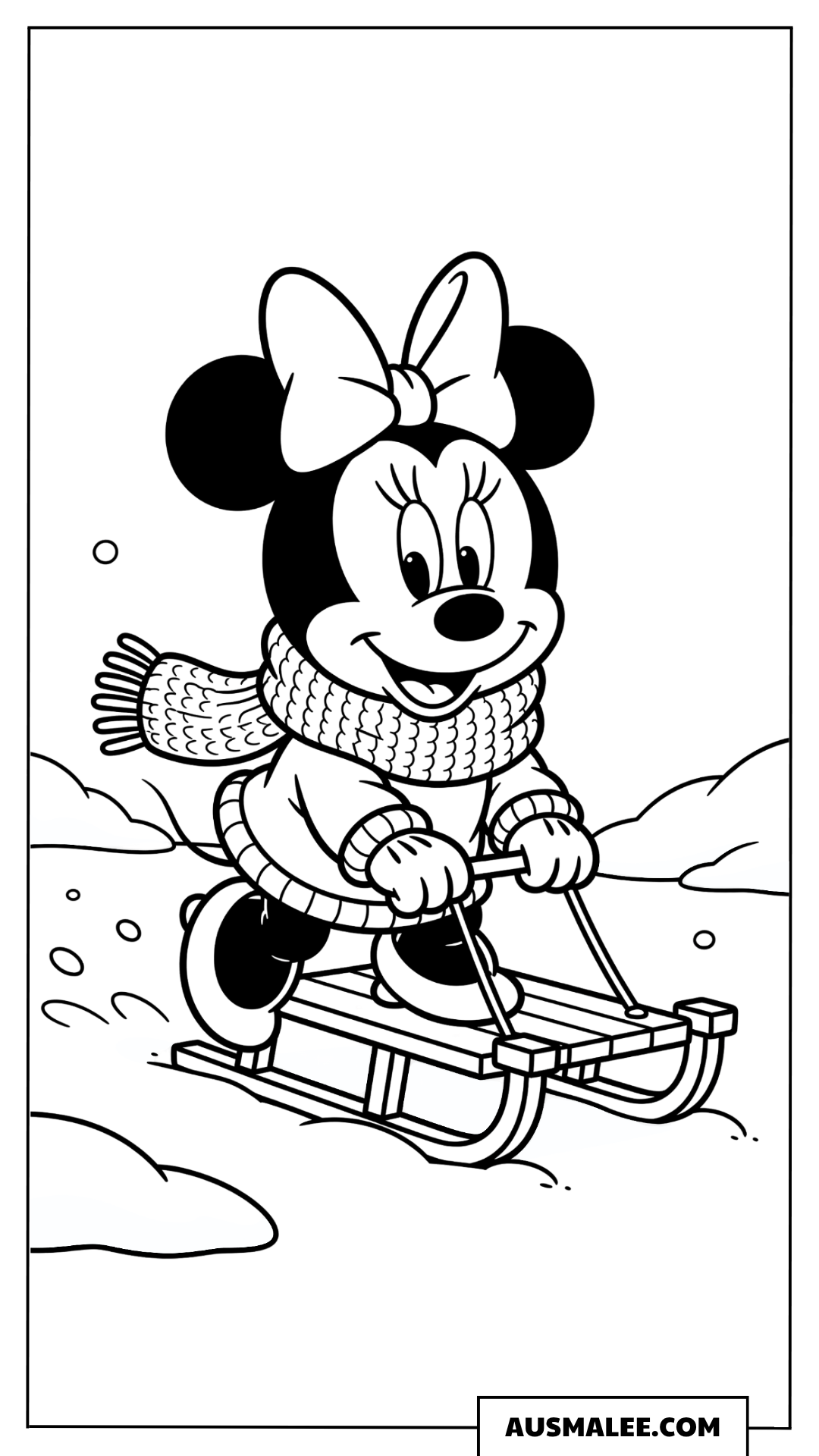 Baby Minnie fährt Schlitten ausmalbild