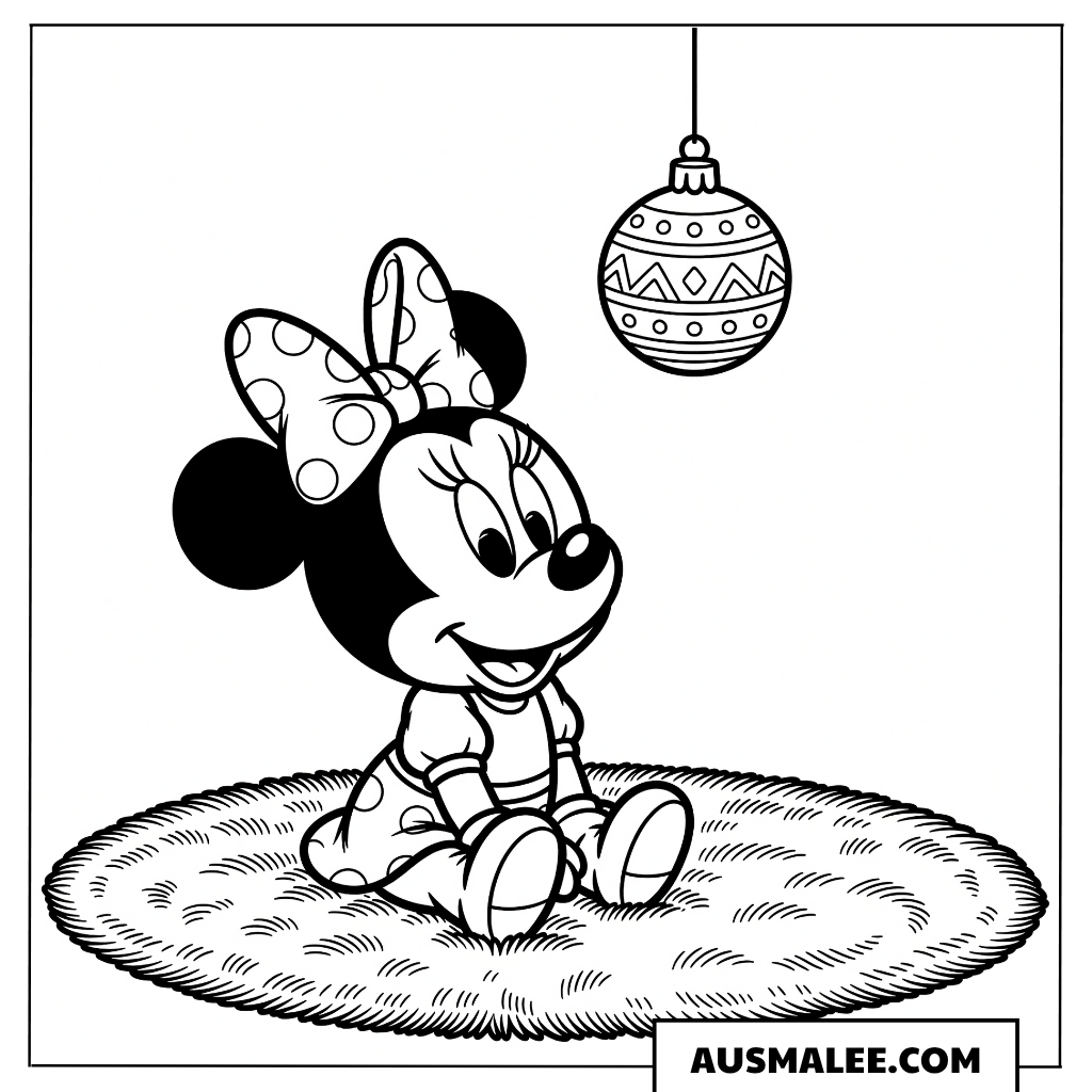 Baby Minnie mit Christbaumkugel ausmalbild