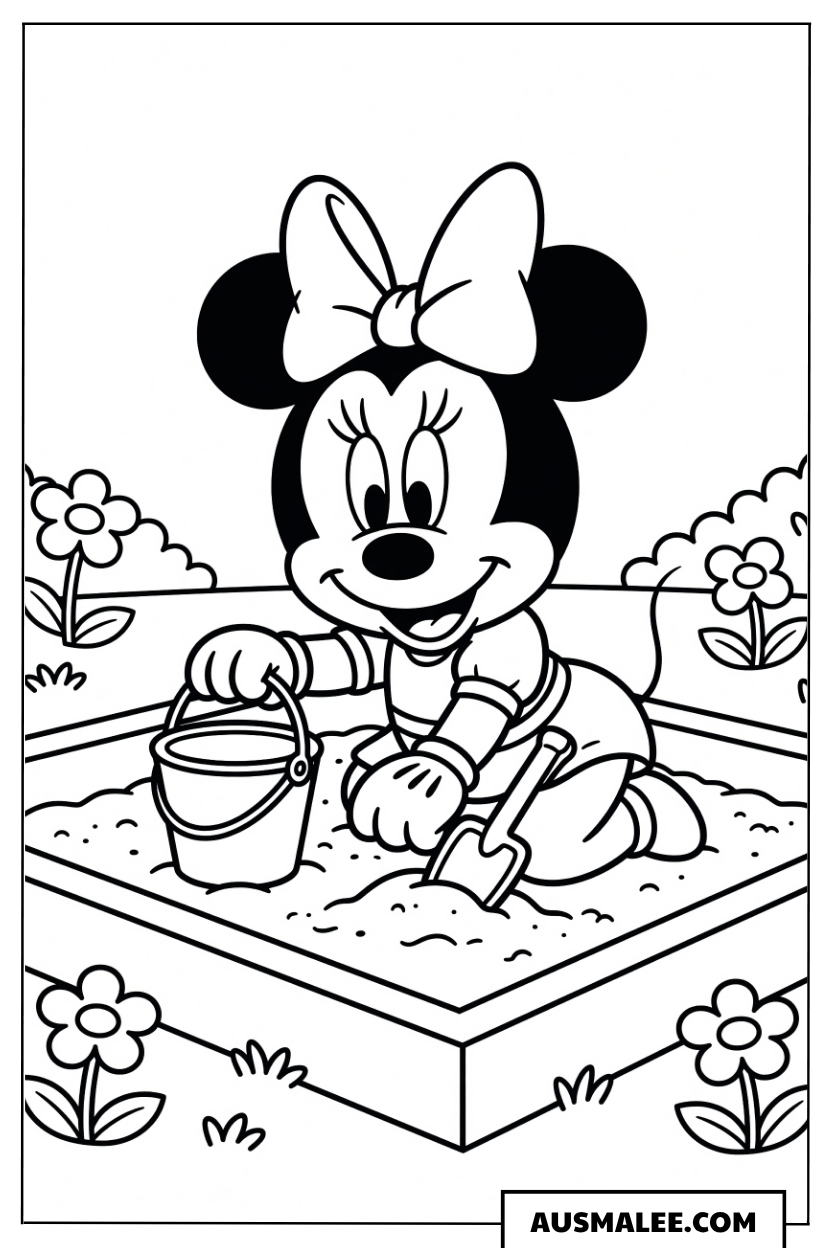 Baby Minnie spielt im Sandkasten ausmalbild