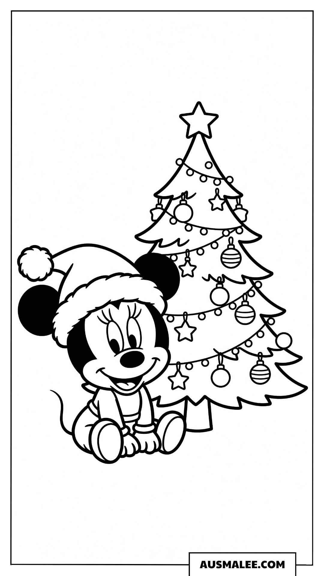 Baby Minnie vor dem Weihnachtsbaum ausmalbild