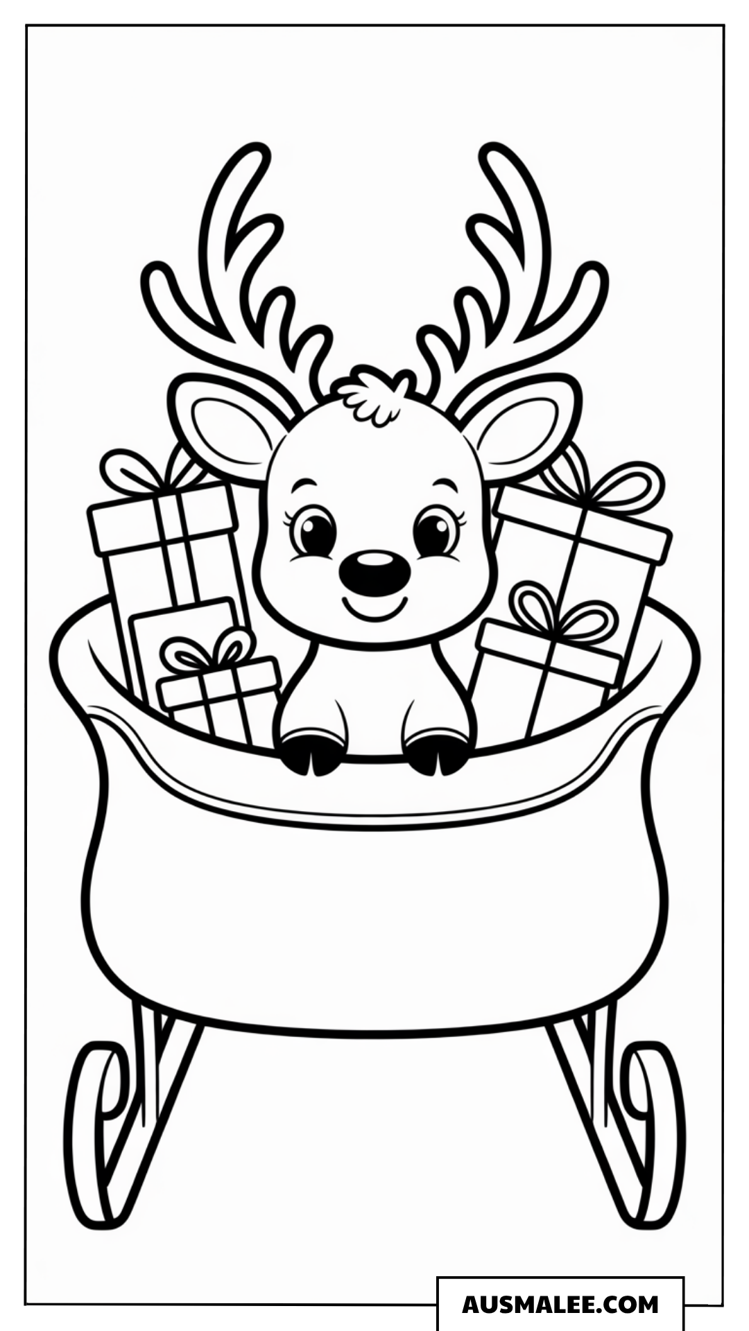 Baby Rentier im Weihnachtsschlitten ausmalbild