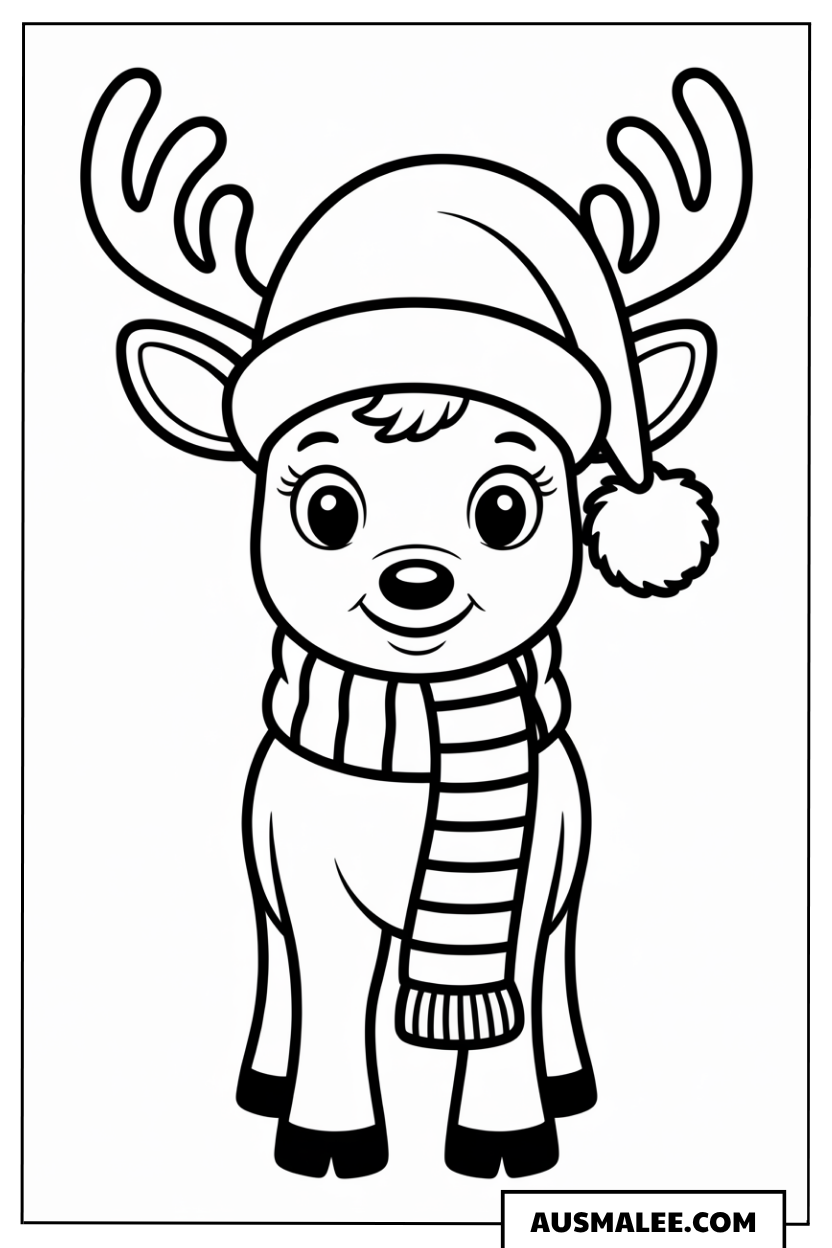 Baby Rentier mit Weihnachtsmütze ausmalbild