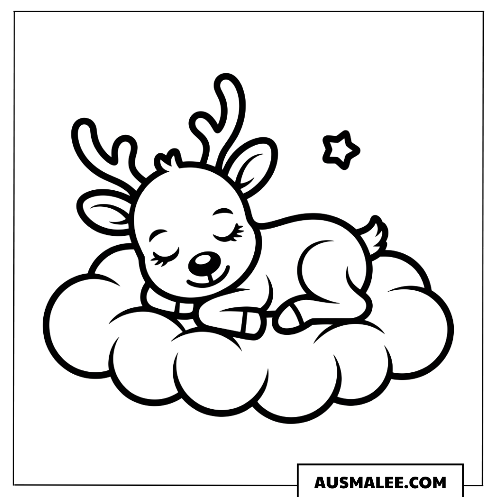 Baby Rentier schläft auf Wolke ausmalbild