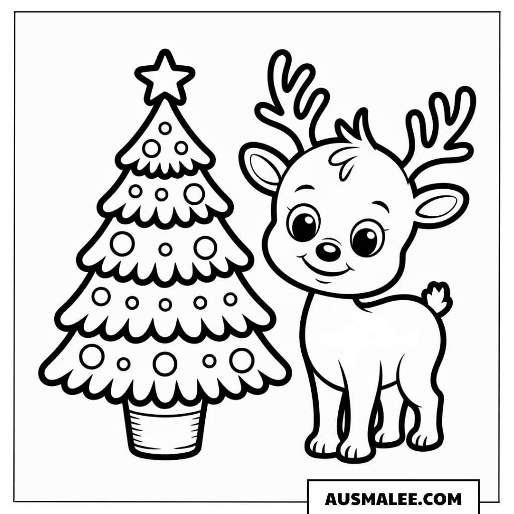 Baby Rudolph am Weihnachtsbaum ausmalbild