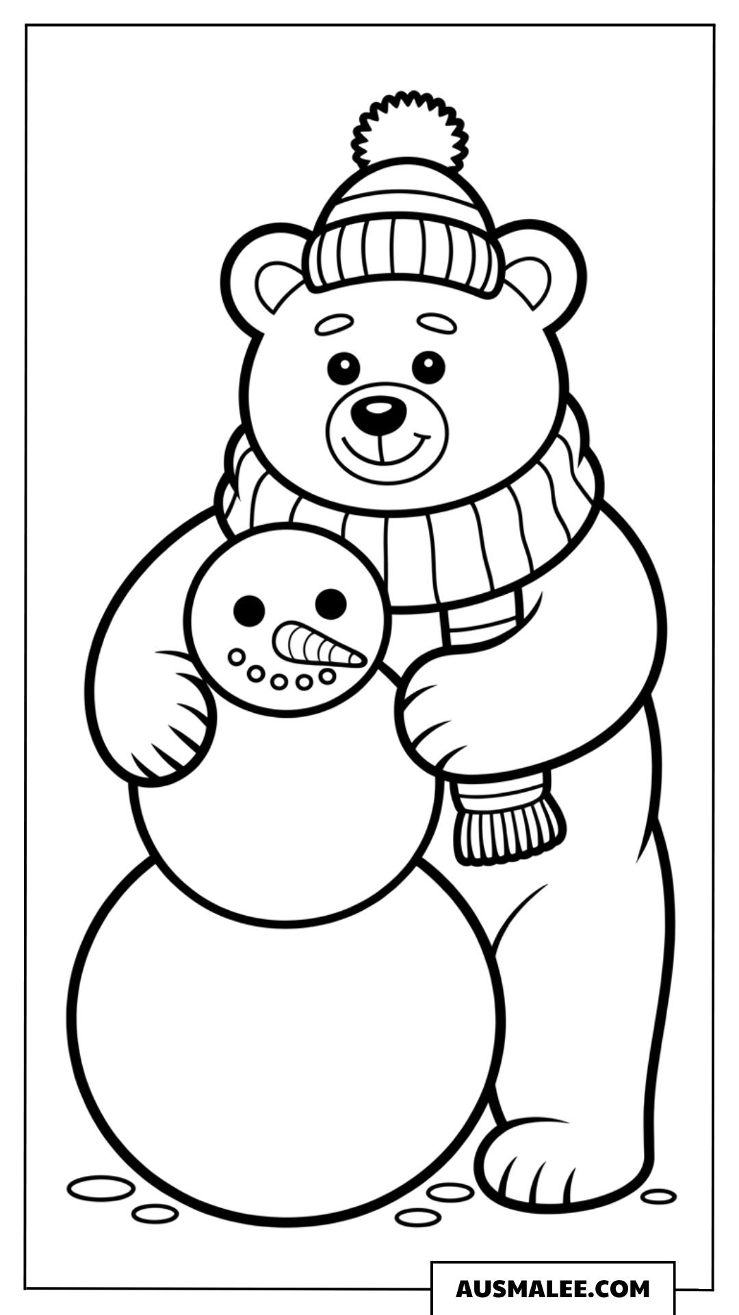 Bär mit Babybär und Schneemann ausmalbild
