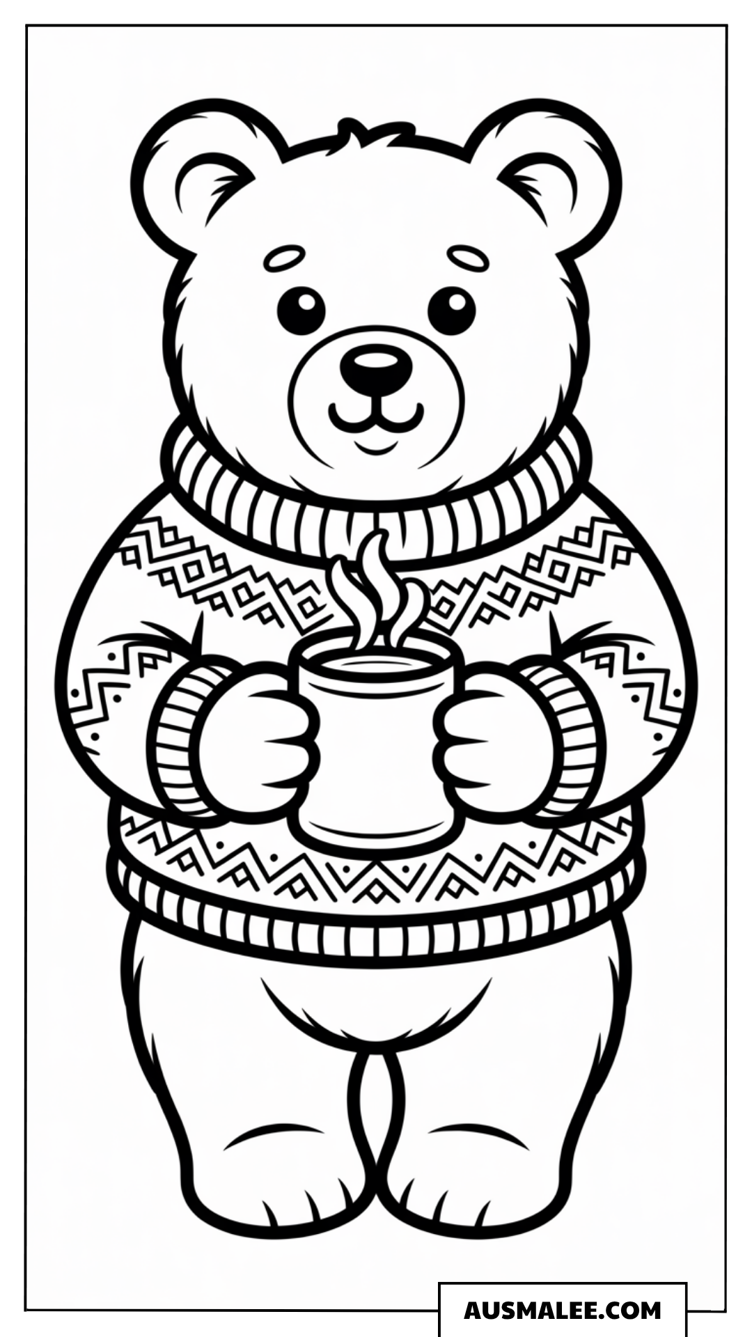 Bär mit Pullover und heißer Schokolade ausmalbild