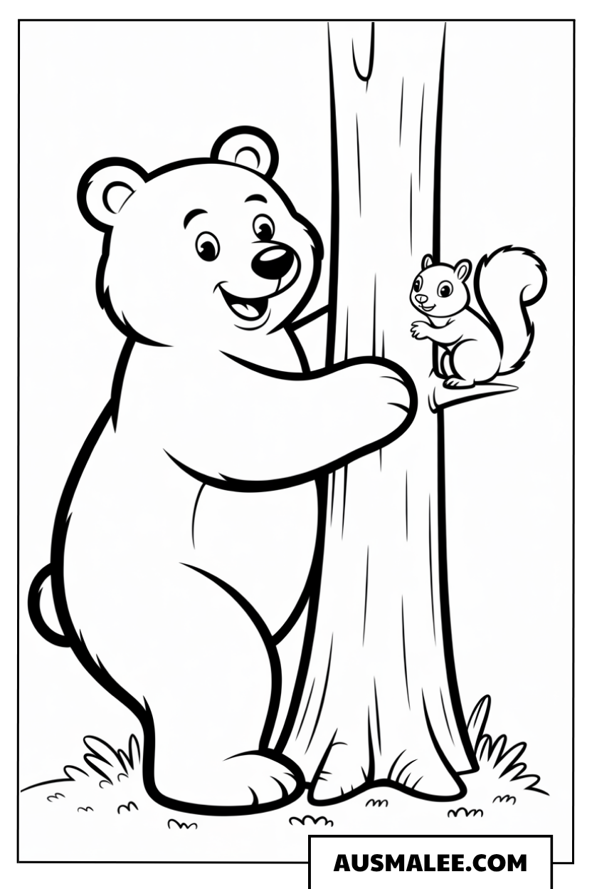 Bär und Eichhörnchen am Baum ausmalbild