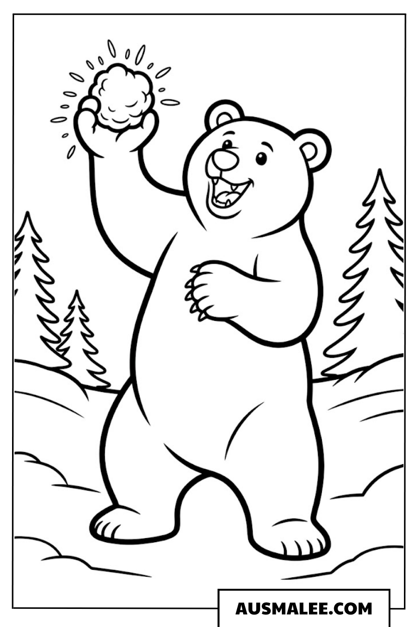 Bär wirft Schneeball ausmalbild