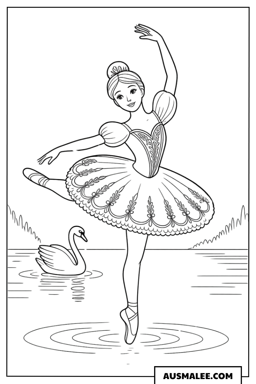 Ballerina am See mit Schwan Ausmalbild