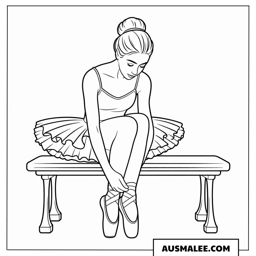 Ballerina auf der Bank Ausmalbild