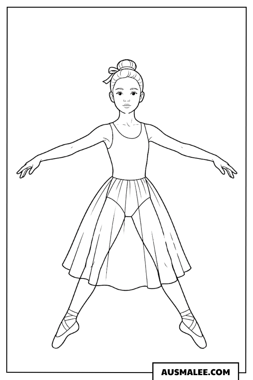 Ballerina im weiten Ausfallschritt Ausmalbild