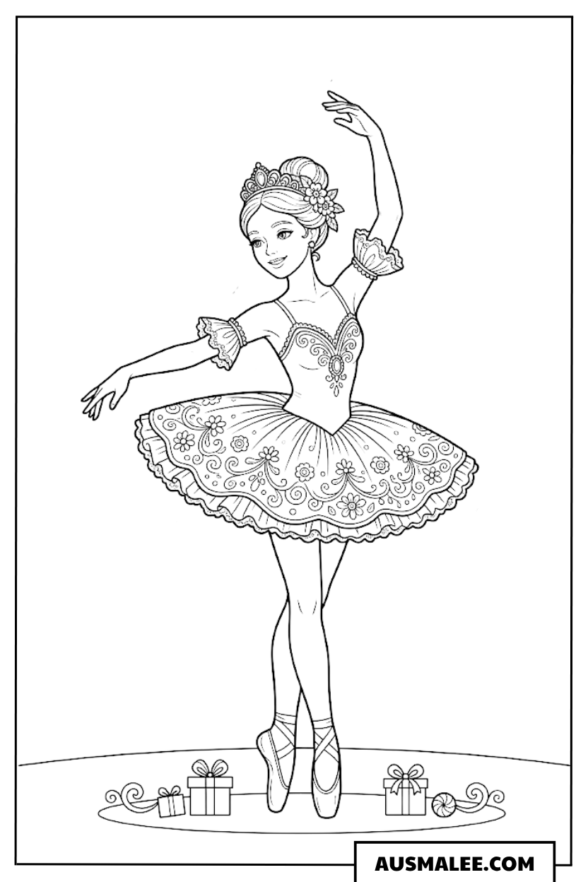 Ballerina mit Blumen Ausmalbild