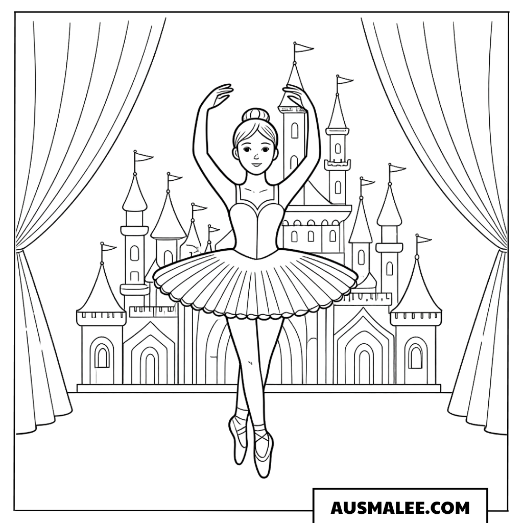 Ballerina vor dem Märchenschloss Ausmalbild