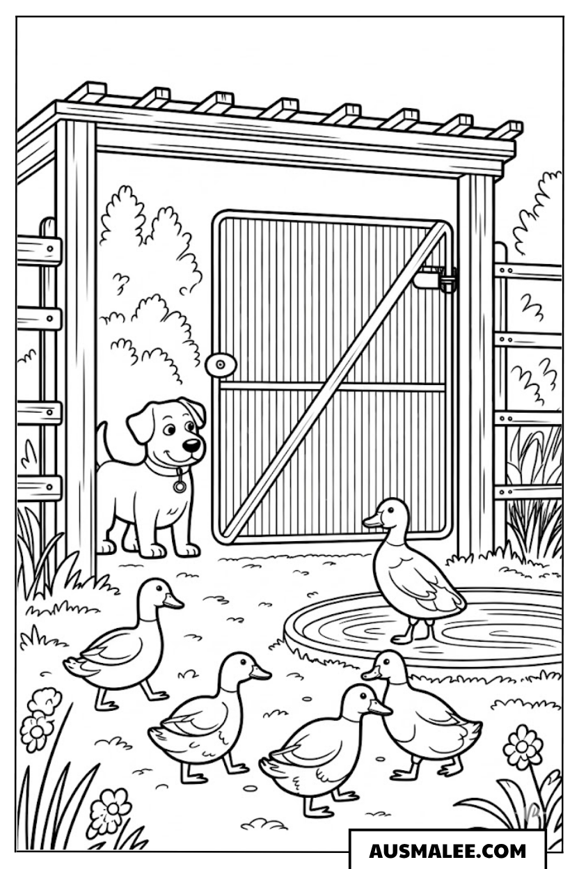 Bauernhof mit Enten und Hund ausmalbild