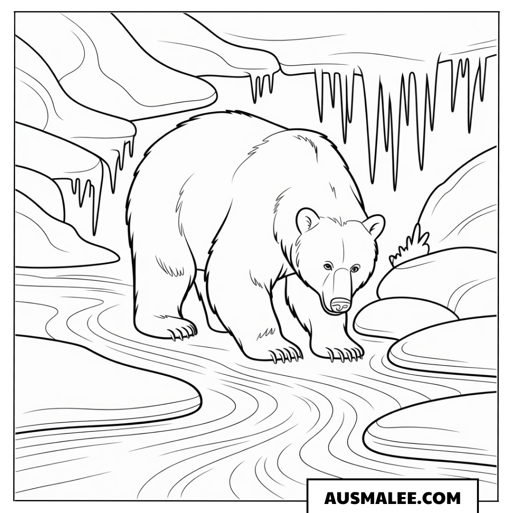 Braunbär am vereisten Fluss ausmalbild