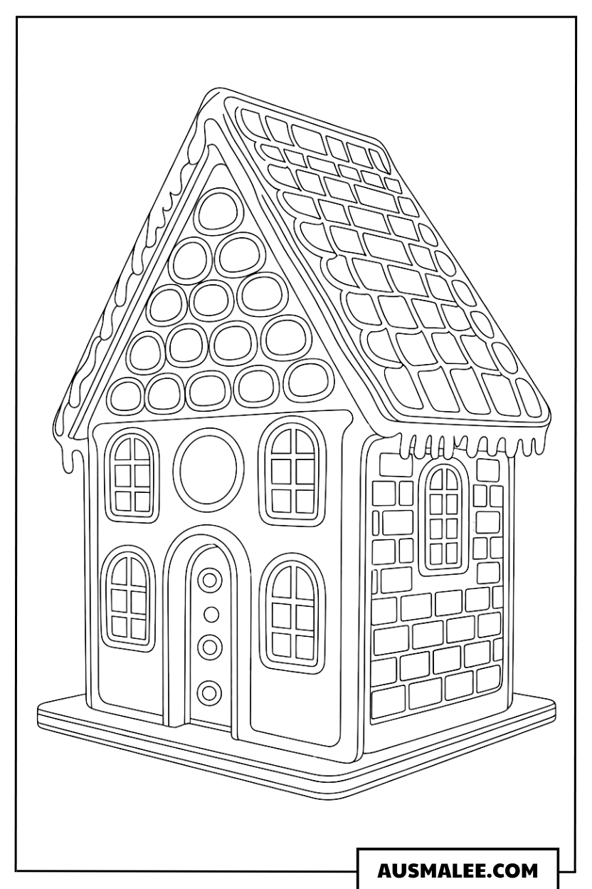 Detailliertes Lebkuchenhaus mit Schindeln Ausmalbild