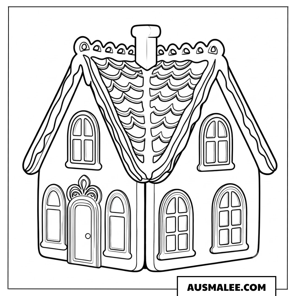 Detailliertes Lebkuchenhaus mit Verzierungen Ausmalbild