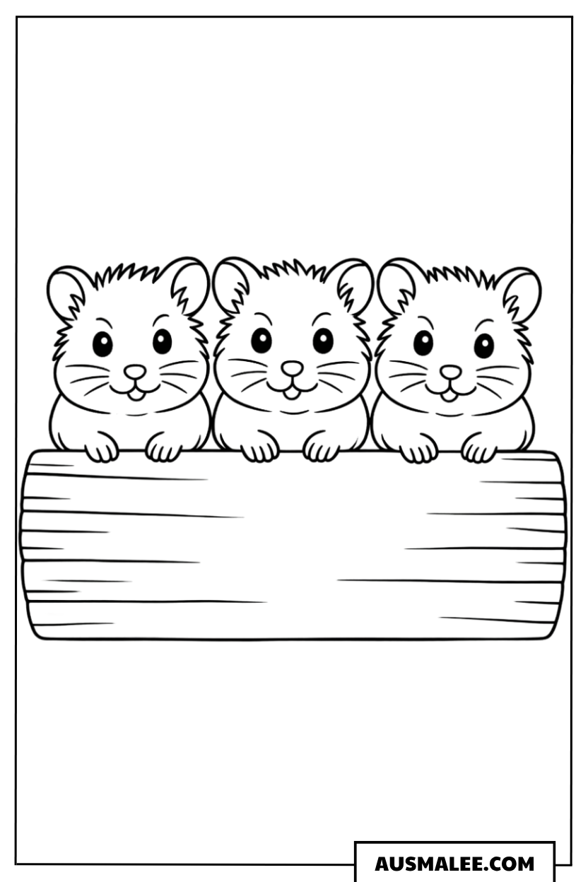 Drei Babyhamster auf einem Ast Ausmalbild