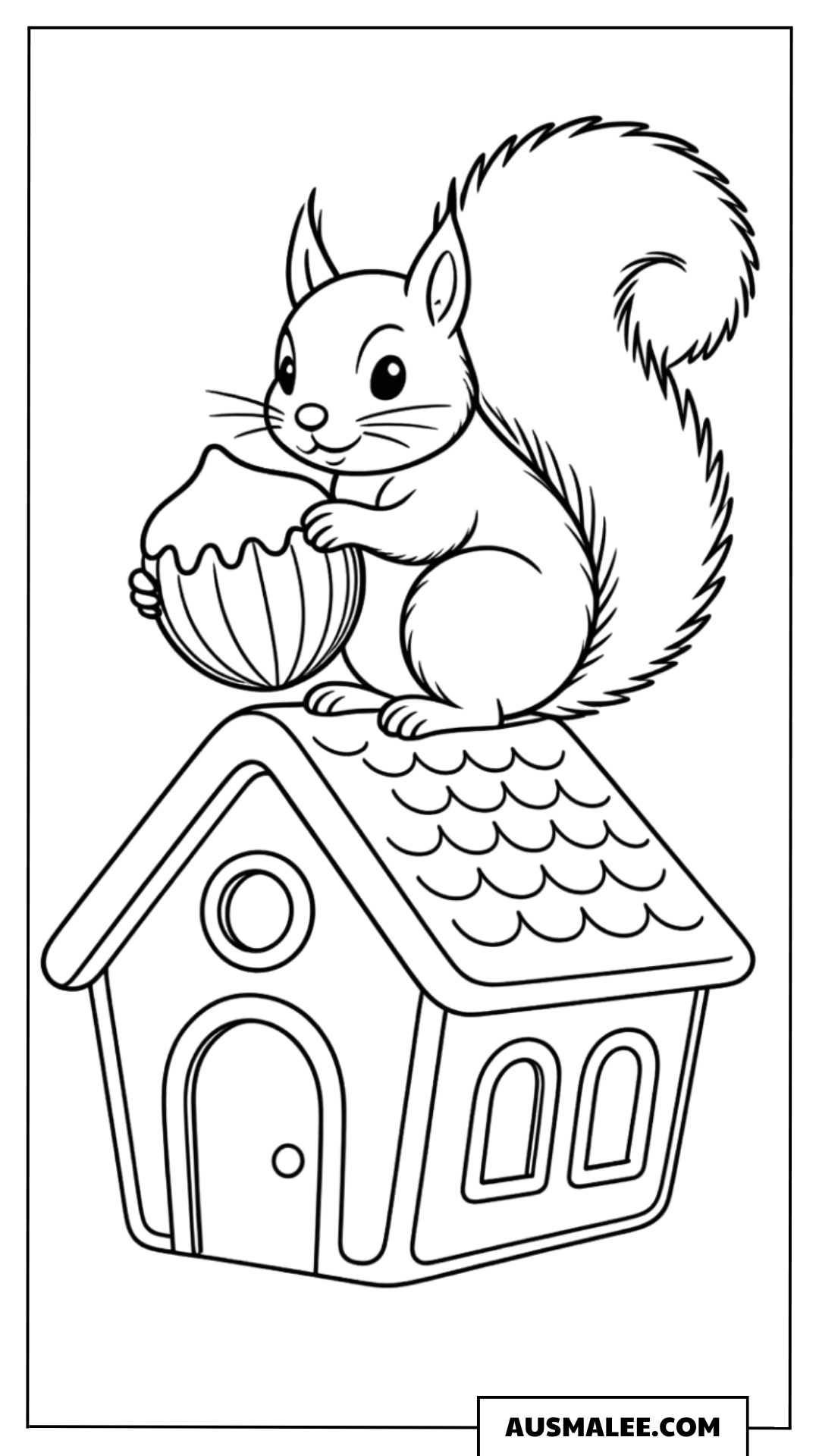 Eichhörnchen auf Lebkuchenhaus Ausmalbild
