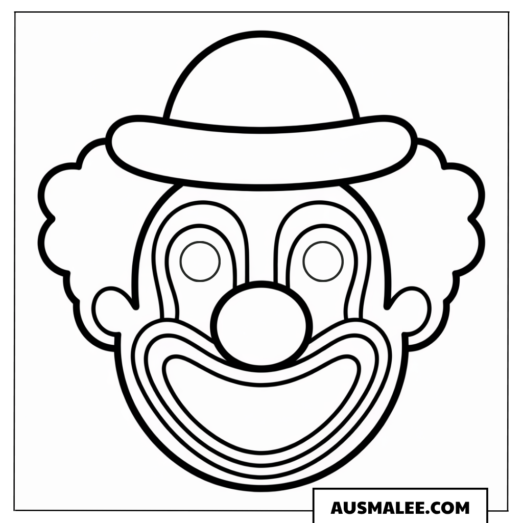 Einfaches Clown-Gesicht mit kräftigen Linien zum Ausmalen.