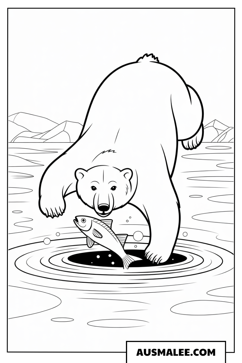 Eisbär fängt Fisch ausmalbild