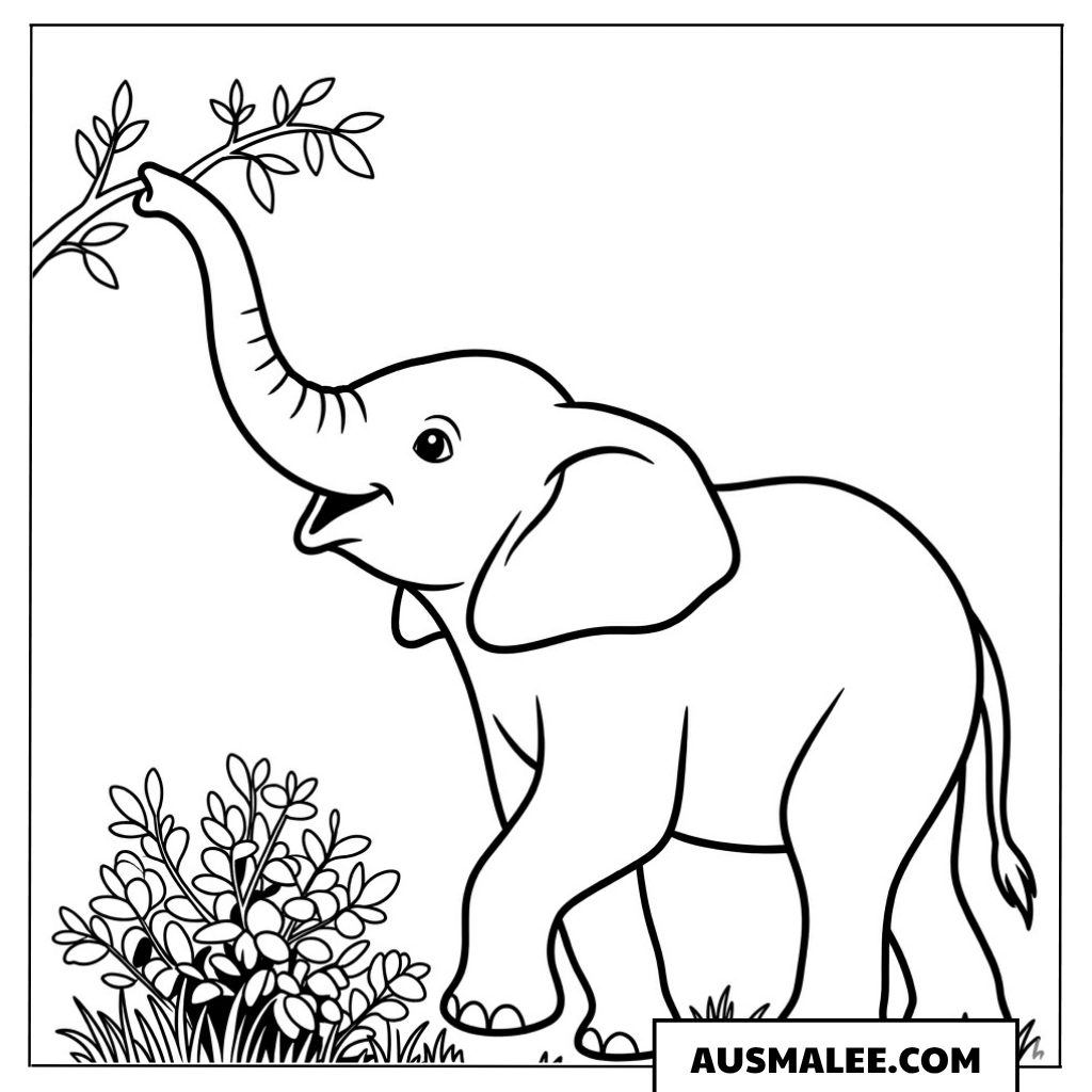 Elefant greift nach Blättern ausmalbild